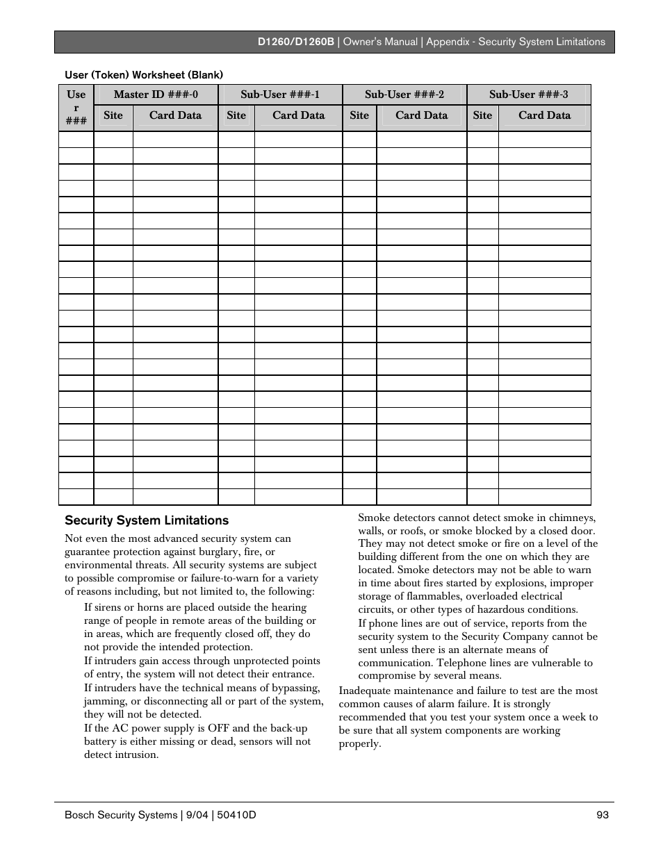 Security system limitations | Bosch D1260 User Manual | Page 93 / 100
