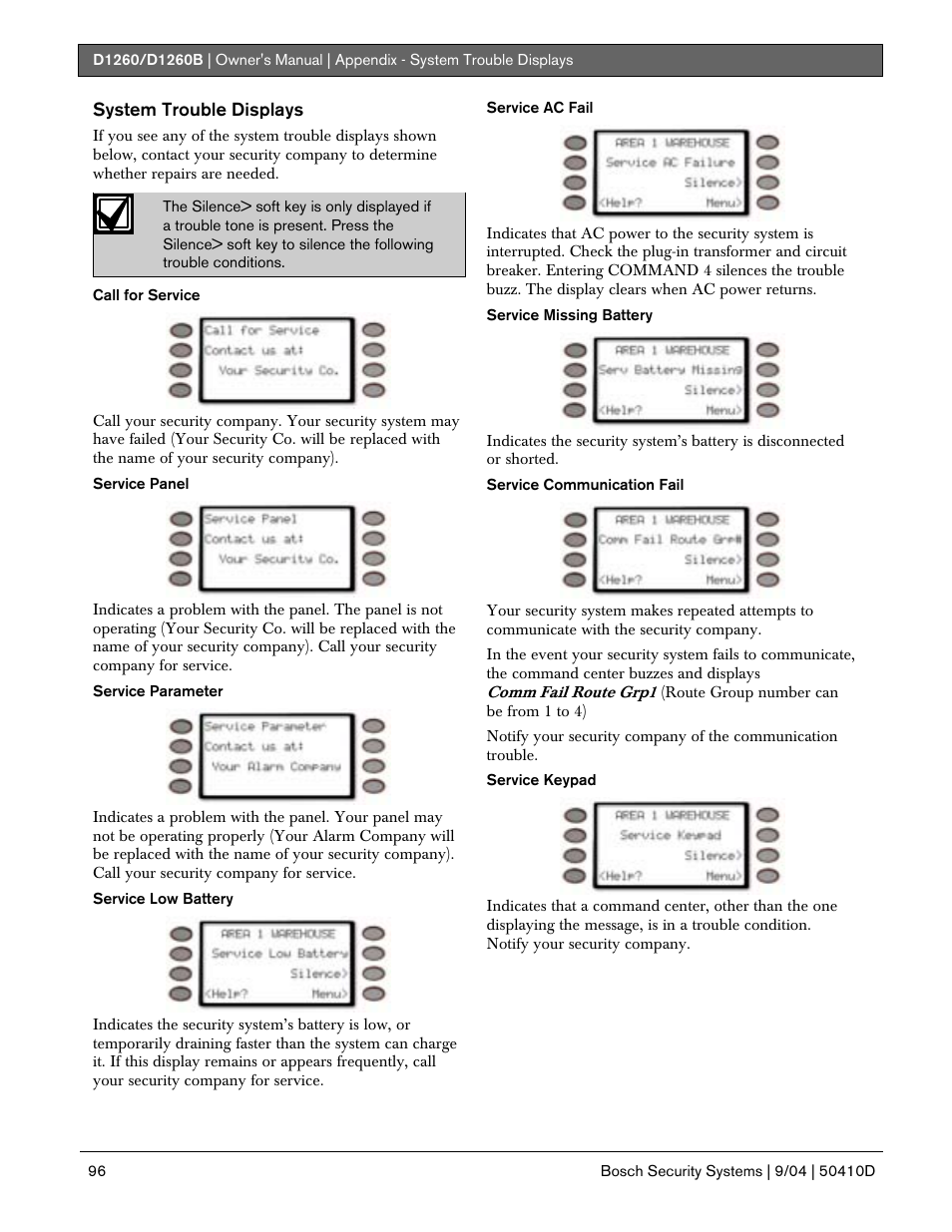 System trouble displays | Bosch D1260 User Manual | Page 96 / 100