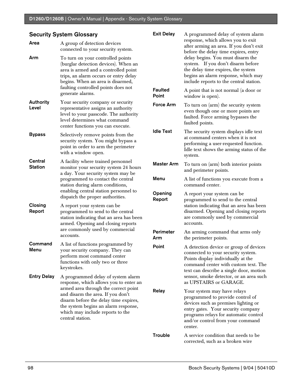 Bosch D1260 User Manual | Page 98 / 100
