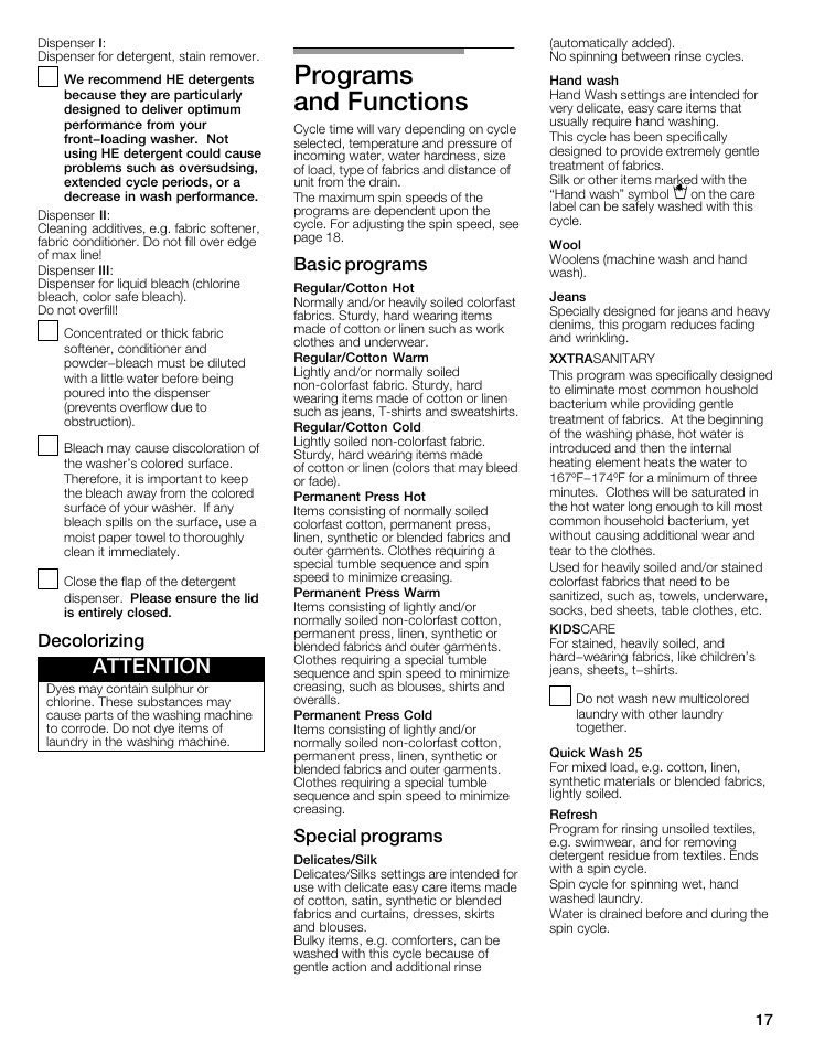 Programs and functions, Attention, Decolorizing | Basic programs, Special programs | Bosch WFMC5301UC User Manual | Page 17 / 88