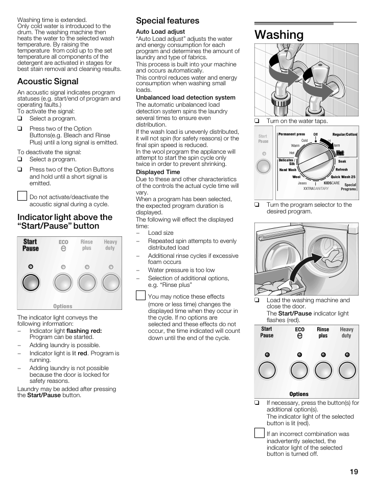 Washing, Acoustic signal, Indicator light above the start/pause" button | Special features | Bosch WFMC5301UC User Manual | Page 19 / 88