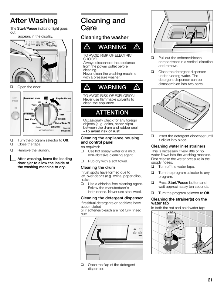 After washing, Cleaning and care, Warning | Attention, Cleaning the washer | Bosch WFMC5301UC User Manual | Page 21 / 88