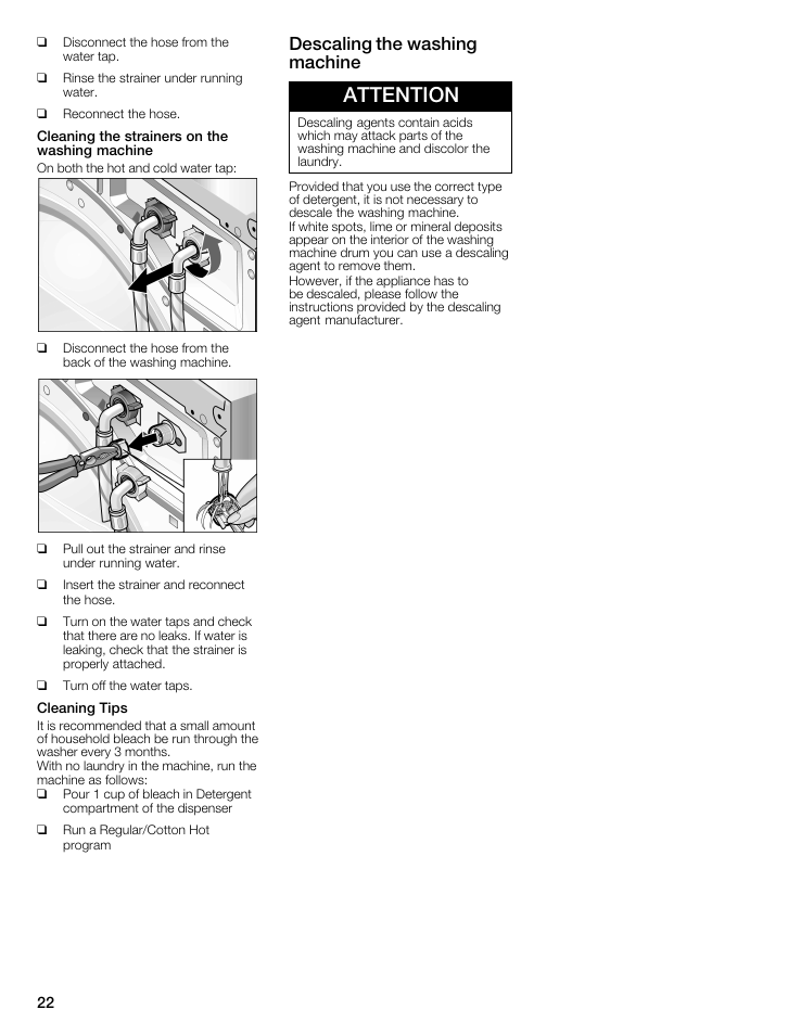 Attention, Descaling the washing machine | Bosch WFMC5301UC User Manual | Page 22 / 88