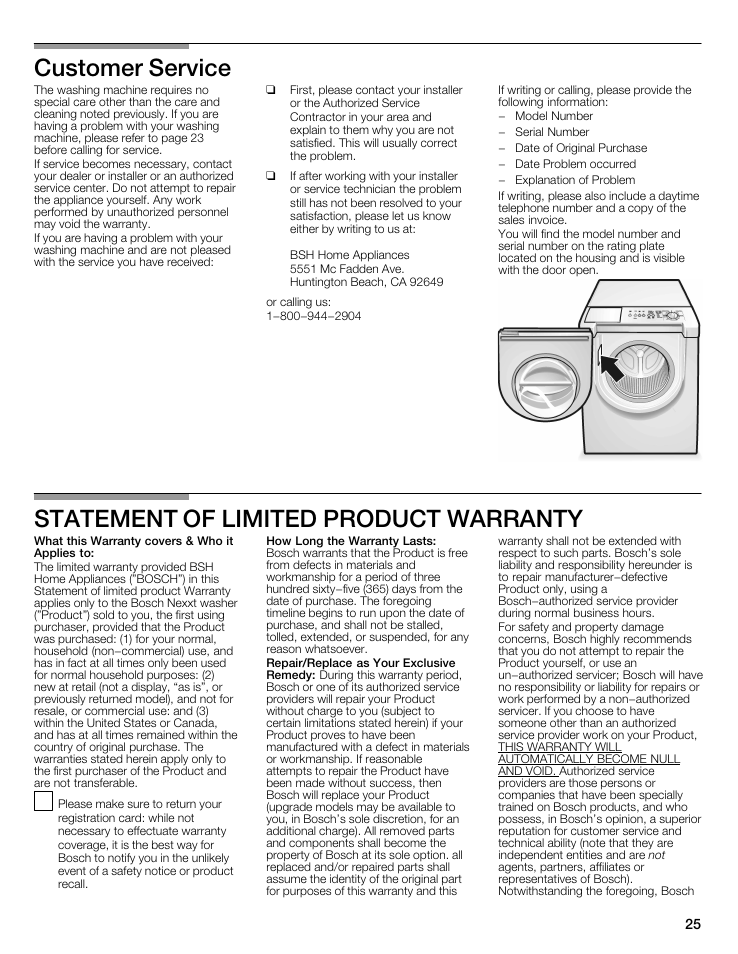 Customer service, Statement of limited product warranty | Bosch WFMC5301UC User Manual | Page 25 / 88