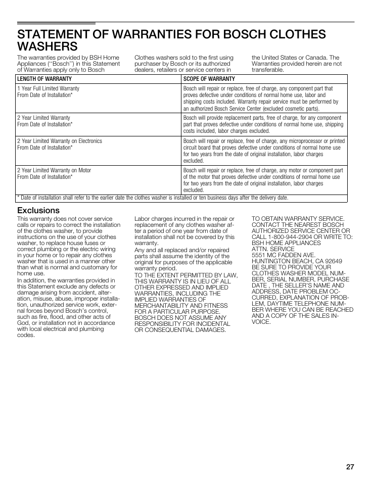 Statement of warranties for bosch clothes washers, Exclusions | Bosch WFMC5301UC User Manual | Page 27 / 88