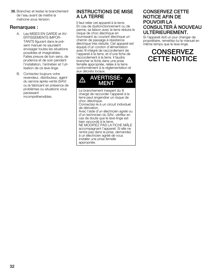 Conservez cette notice, Avertisseć ment, Remarques | Instructions de mise a la terre | Bosch WFMC5301UC User Manual | Page 32 / 88