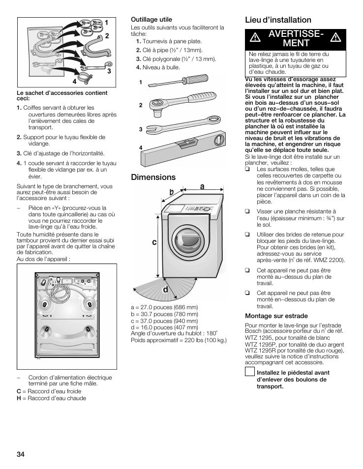 Avertisseć ment, Dimensions, Lieu d'installation | Bosch WFMC5301UC User Manual | Page 34 / 88