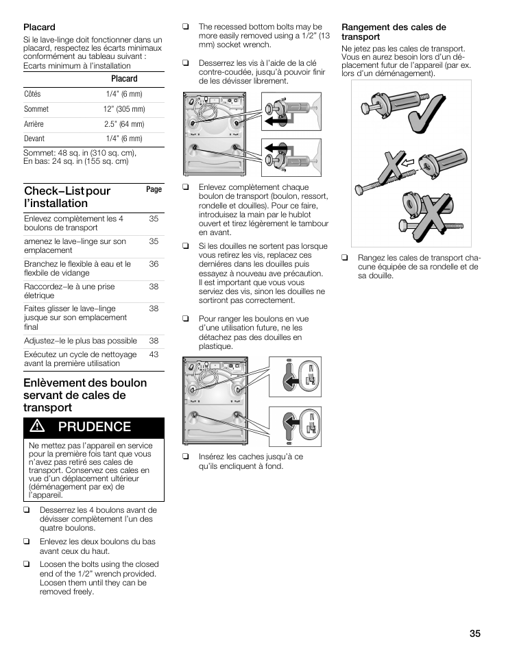 Prudence, Check-list pour l'installation | Bosch WFMC5301UC User Manual | Page 35 / 88