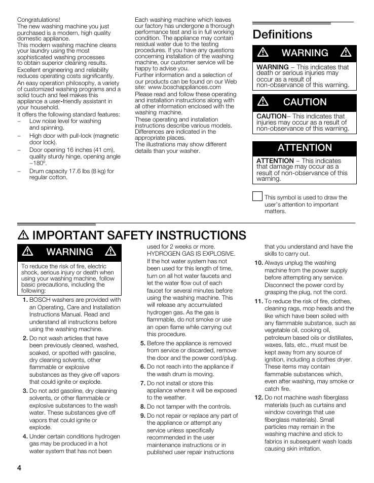 Definitions d, D important safety instructions d, Warning | Caution, Attention | Bosch WFMC5301UC User Manual | Page 4 / 88