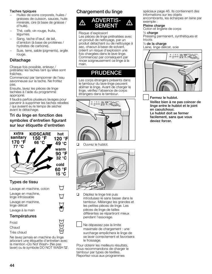 Advertisć sement, Prudence, Chargement du linge | Bosch WFMC5301UC User Manual | Page 44 / 88