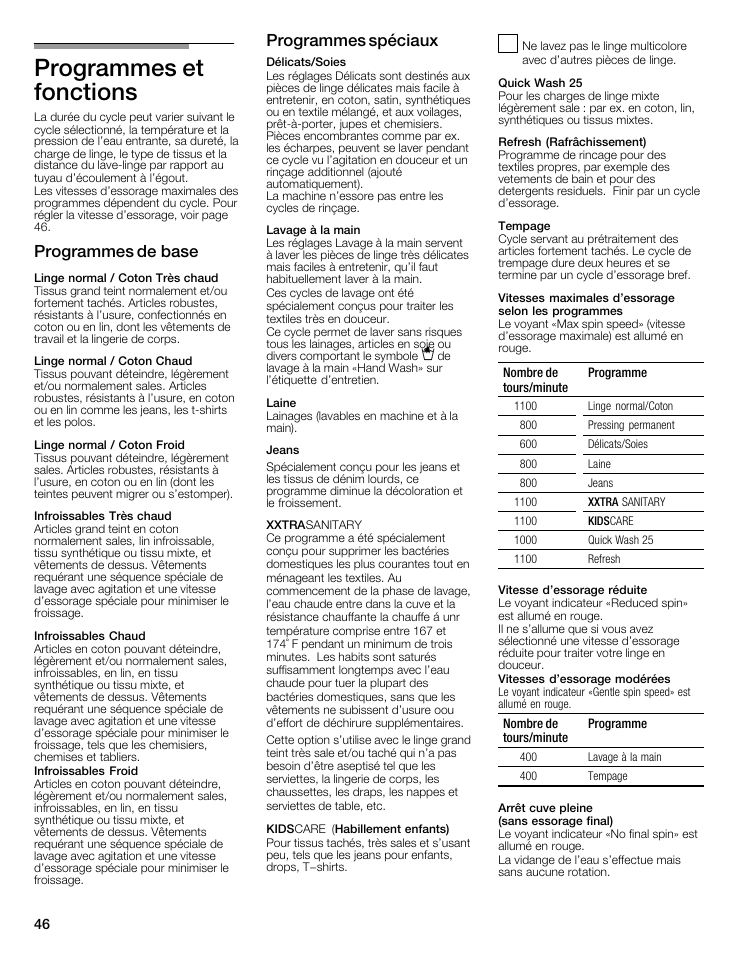 Programmes et fonctions, Programmes de base, Programmes spéciaux | Bosch WFMC5301UC User Manual | Page 46 / 88