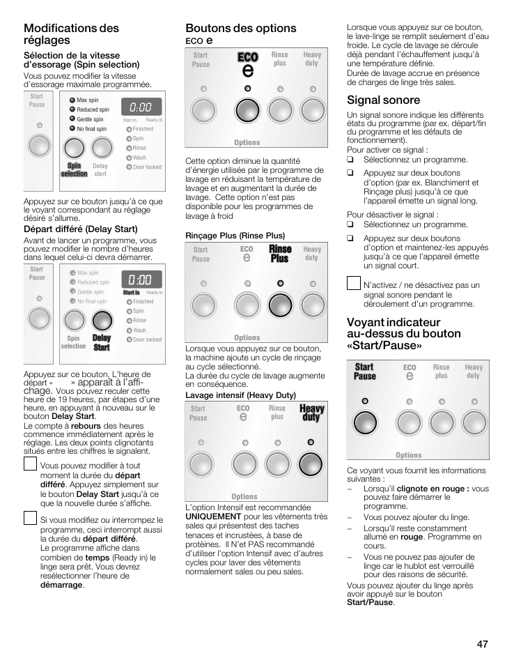 Modifications des réglages, Boutons des options, Signal sonore | Voyant indicateur aućdessus du bouton «start/pause | Bosch WFMC5301UC User Manual | Page 47 / 88