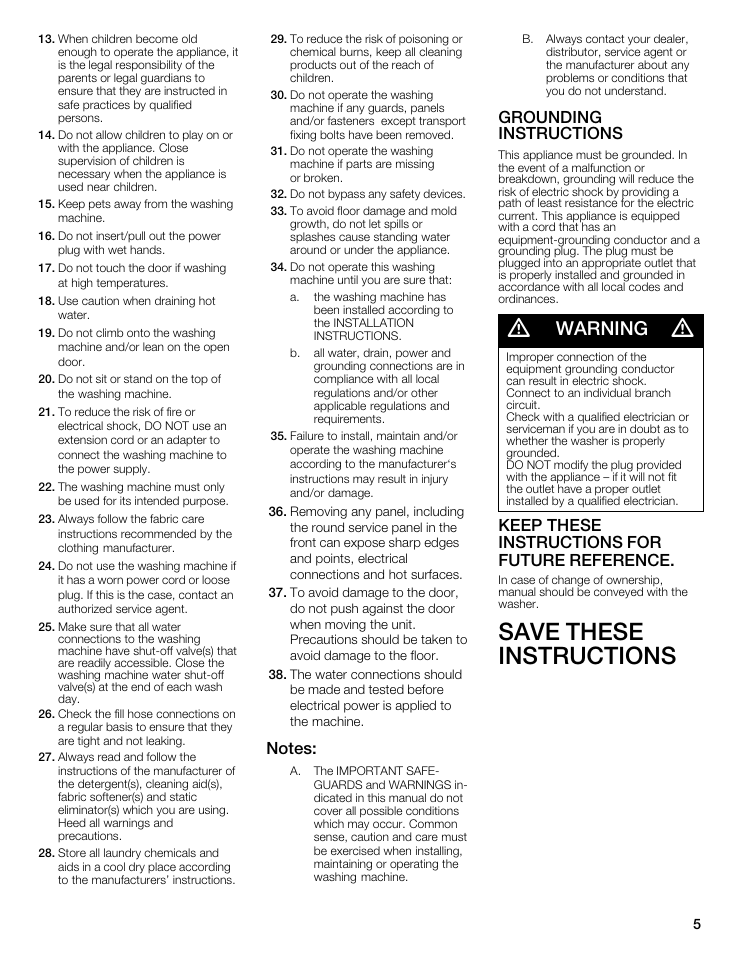 Save these instructions, Warning, Grounding instructions | Keep these instructions for future reference | Bosch WFMC5301UC User Manual | Page 5 / 88