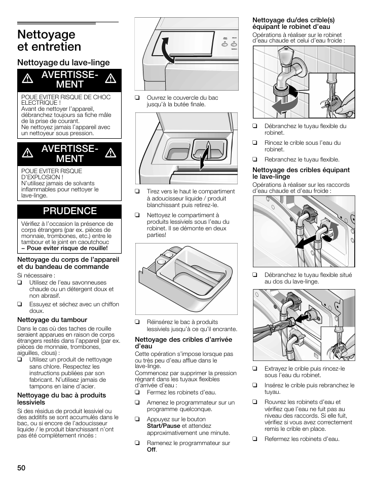 Nettoyage et entretien, Avertisseć ment, Prudence | Nettoyage du lavećlinge | Bosch WFMC5301UC User Manual | Page 50 / 88