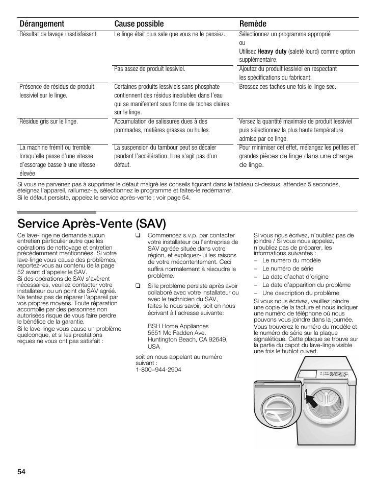 Service aprèsćvente (sav), Dérangement remède cause possible | Bosch WFMC5301UC User Manual | Page 54 / 88