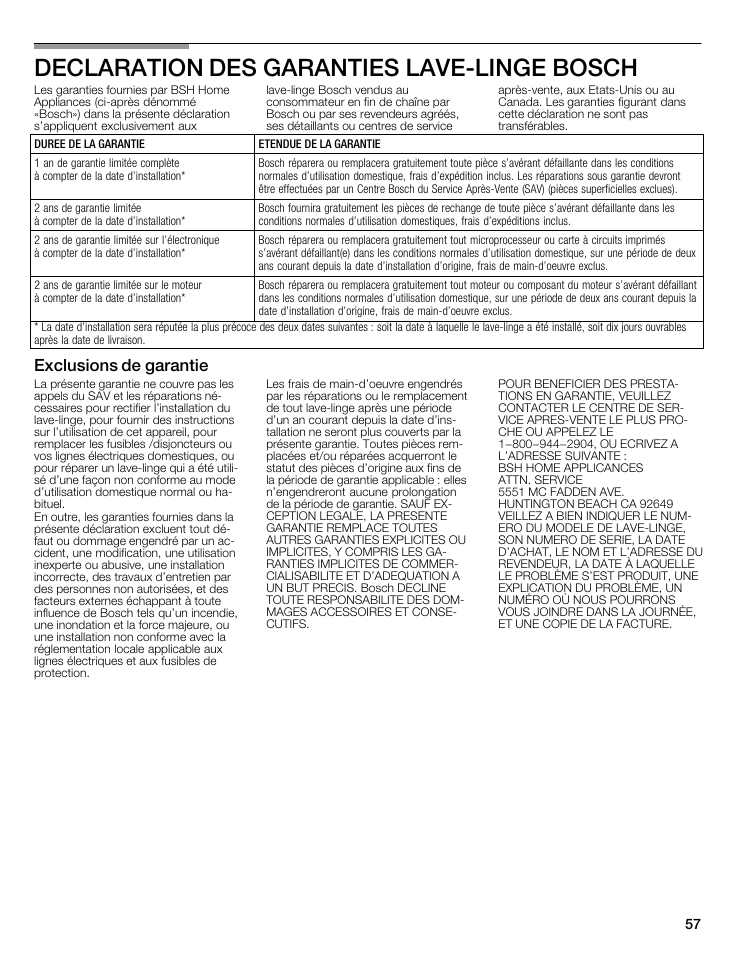 Declaration des garanties lavećlinge bosch, Exclusions de garantie | Bosch WFMC5301UC User Manual | Page 57 / 88