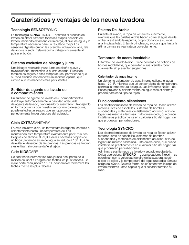 Carateristicas y ventajas de los neuva lavadora | Bosch WFMC5301UC User Manual | Page 59 / 88