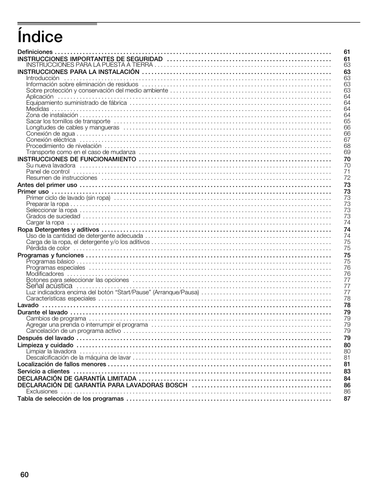 Índice | Bosch WFMC5301UC User Manual | Page 60 / 88