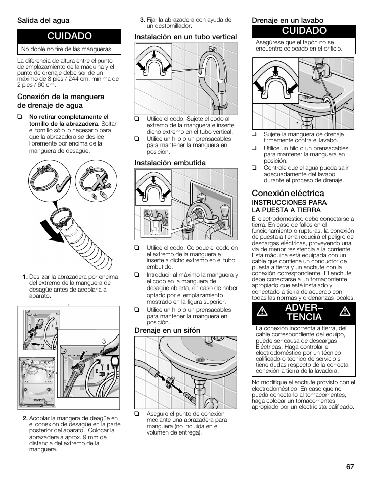 Cuidado, Adver- tencia, Conexión eléctrica | Bosch WFMC5301UC User Manual | Page 67 / 88