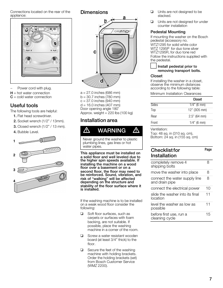 Warning, Useful tools, Dimensions | Installation area, Checklist for installation | Bosch WFMC5301UC User Manual | Page 7 / 88