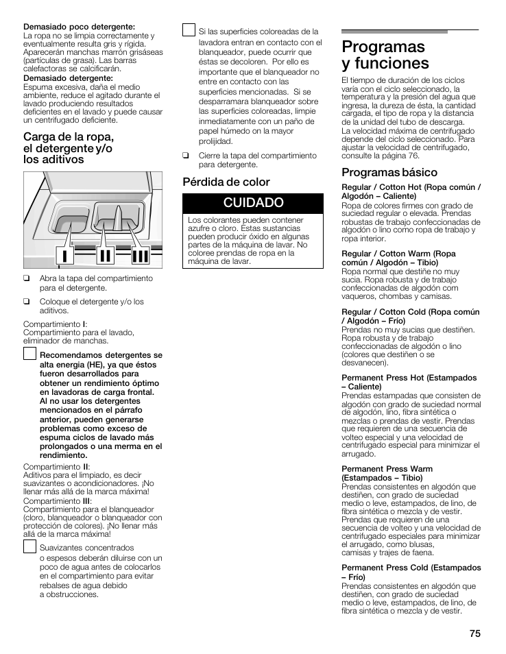 Programas yăfunciones, Cuidado, Carga de la ropa, elădetergente y/o losăaditivos | Pérdida de color, Programas básico | Bosch WFMC5301UC User Manual | Page 75 / 88