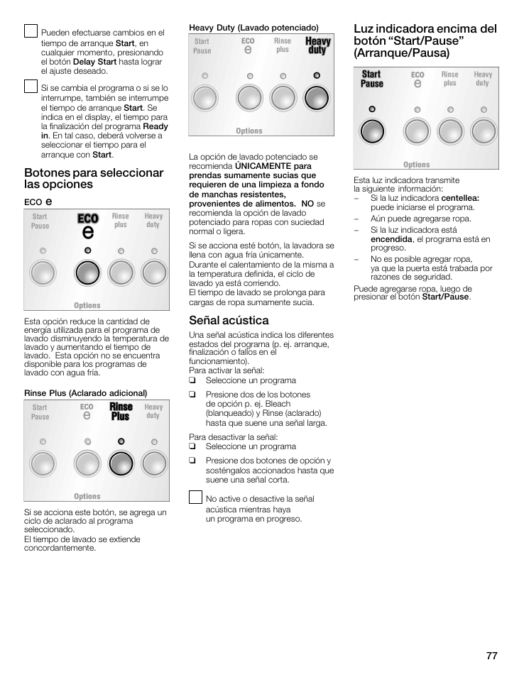 Botones para seleccionar las opciones, Señal acústica | Bosch WFMC5301UC User Manual | Page 77 / 88