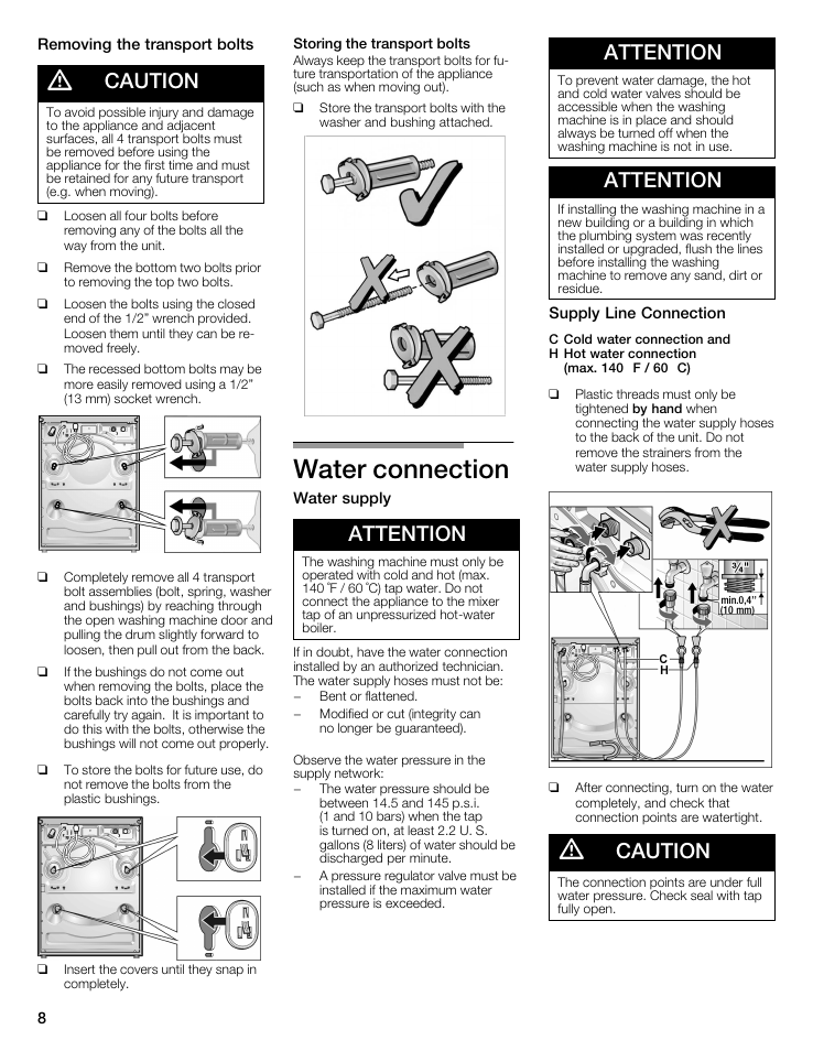 Water connection, Caution, Attention | Bosch WFMC5301UC User Manual | Page 8 / 88