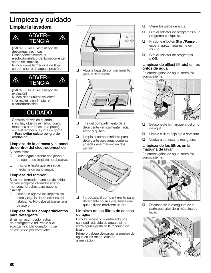 Limpieza y cuidado, Adver- tencia, Cuidado | Limpiar la lavadora | Bosch WFMC5301UC User Manual | Page 80 / 88