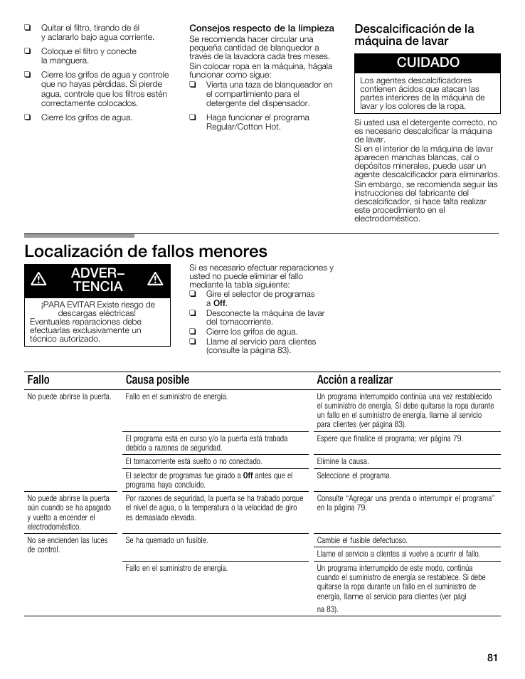 Localización de fallos menores d, Cuidado, Adver- tencia | Descalcificación de la máquina de lavar, Fallo causa posible acción a realizar | Bosch WFMC5301UC User Manual | Page 81 / 88