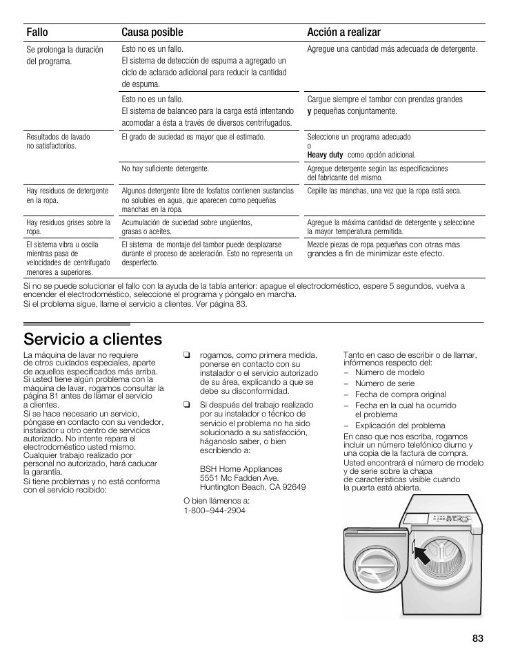 Servicio a clientes, Fallo acción a realizar causa posible | Bosch WFMC5301UC User Manual | Page 83 / 88