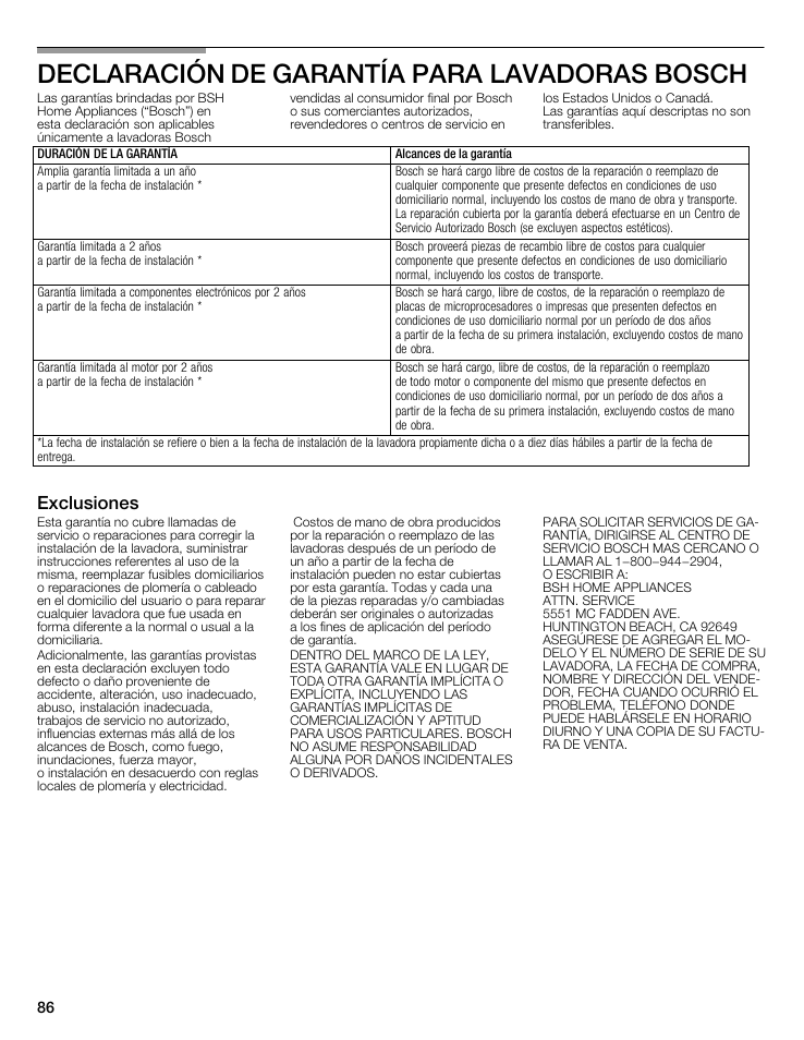 Declaración de garantía paraălavadoras bosch, Exclusiones | Bosch WFMC5301UC User Manual | Page 86 / 88