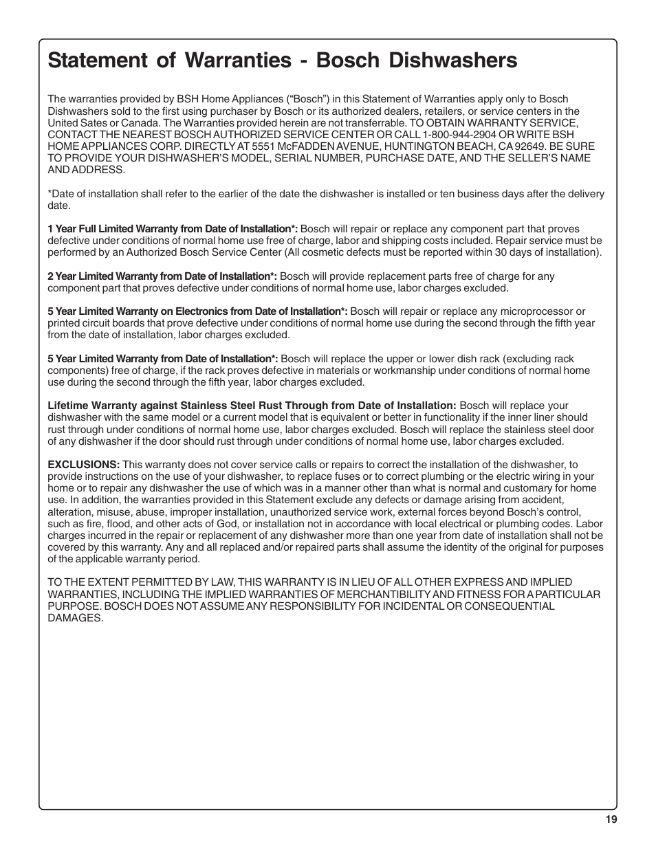 Statement of warranties - bosch dishwashers | Bosch SHE46C User Manual | Page 20 / 21