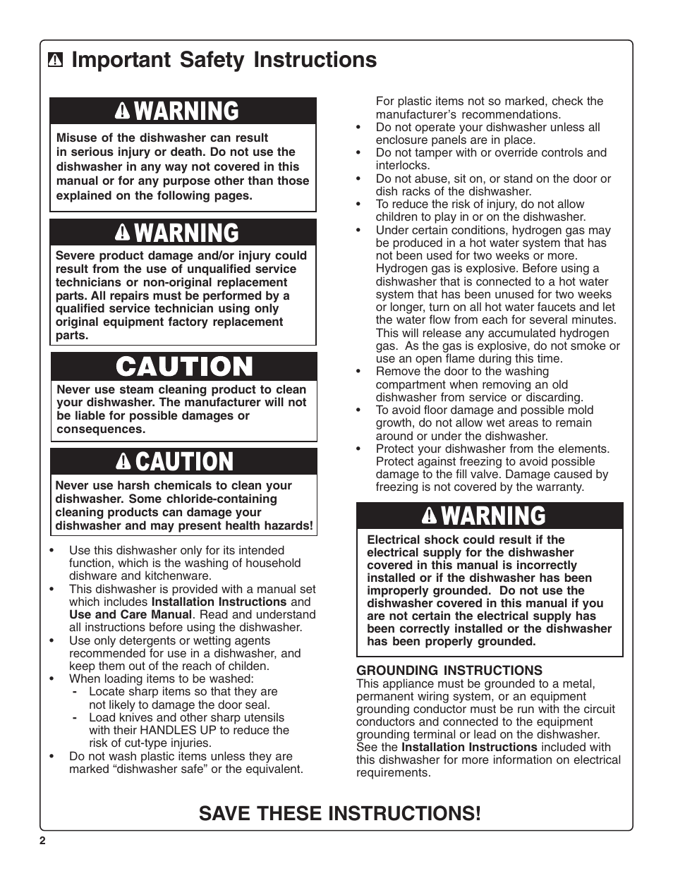 Warning, Warning caution warning, Important safety instructions | Save these instructions | Bosch SHE46C User Manual | Page 3 / 21