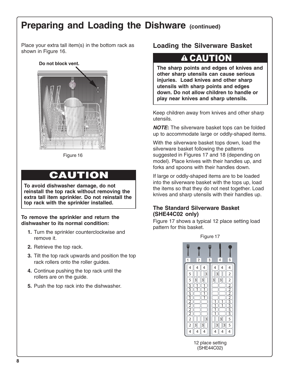 Preparing and loading the dishware, Caution, Loading the silverware basket | Bosch SHE46C User Manual | Page 9 / 21