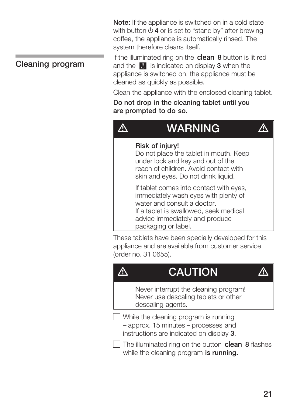 Dwarning d, Dcaution d | Bosch TCA 6001 UC User Manual | Page 21 / 91