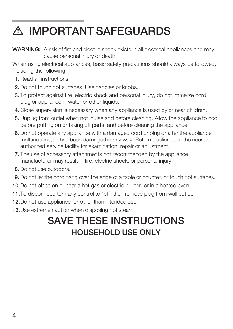 D important safeguards, Save these instructions, Household use only | Bosch TCA 6001 UC User Manual | Page 4 / 91