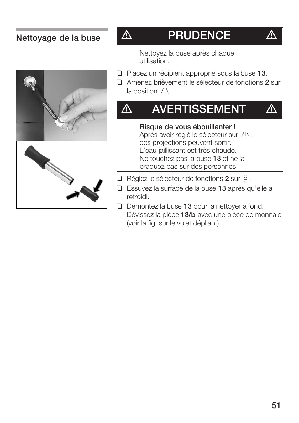 Dprudence d, Davertissement d | Bosch TCA 6001 UC User Manual | Page 51 / 91