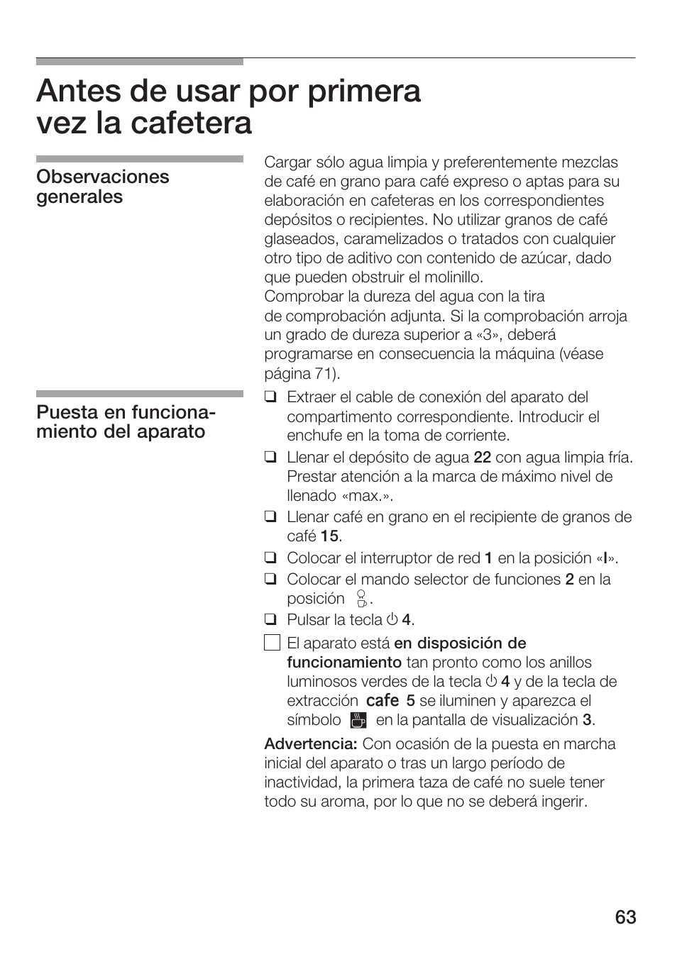 Antes de usar por primera vez la cafetera | Bosch TCA 6001 UC User Manual | Page 63 / 91