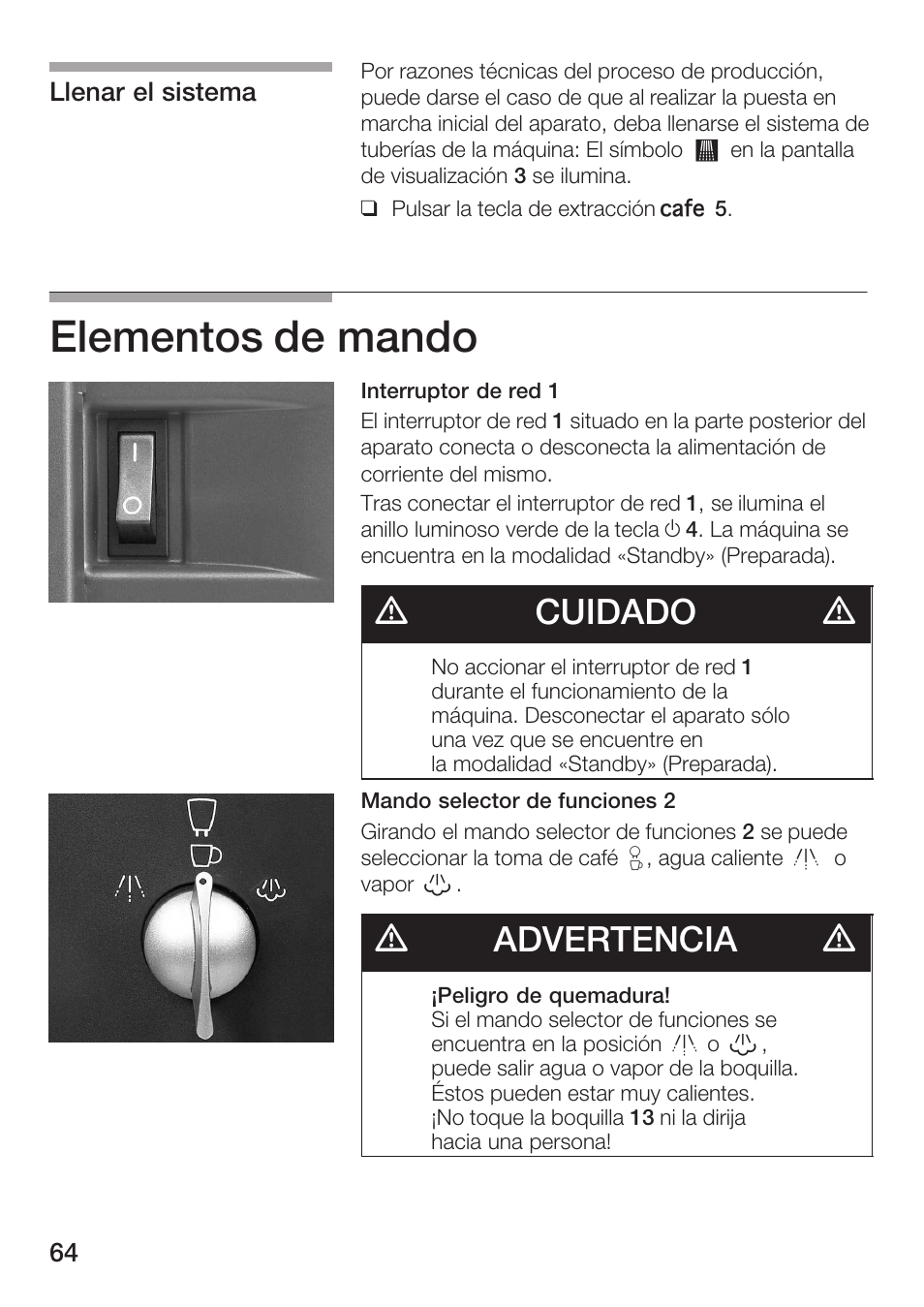 Elementos de mando, Dcuidado d, Dadvertencia d | Bosch TCA 6001 UC User Manual | Page 64 / 91