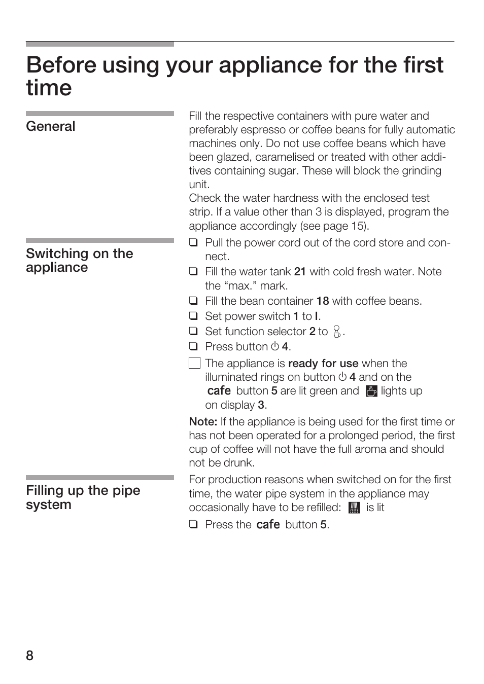 Before using your appliance for the first time | Bosch TCA 6001 UC User Manual | Page 8 / 91