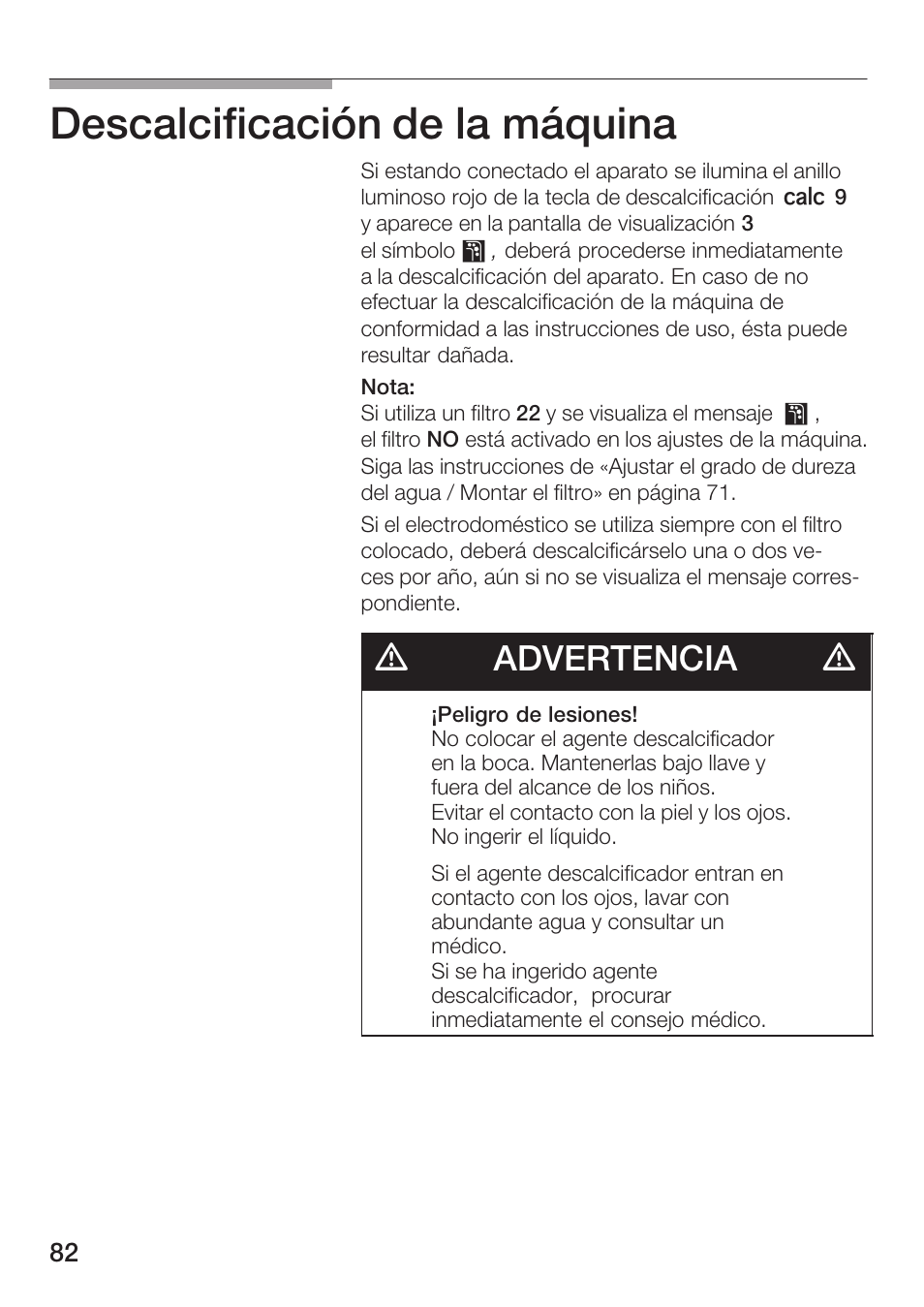 Descalcificación de la máquina 5, Dadvertencia d | Bosch TCA 6001 UC User Manual | Page 82 / 91