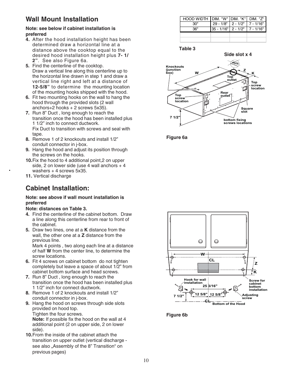 Wall mount installation, Cabinet installation | Bosch DPH36352UC User Manual | Page 10 / 32