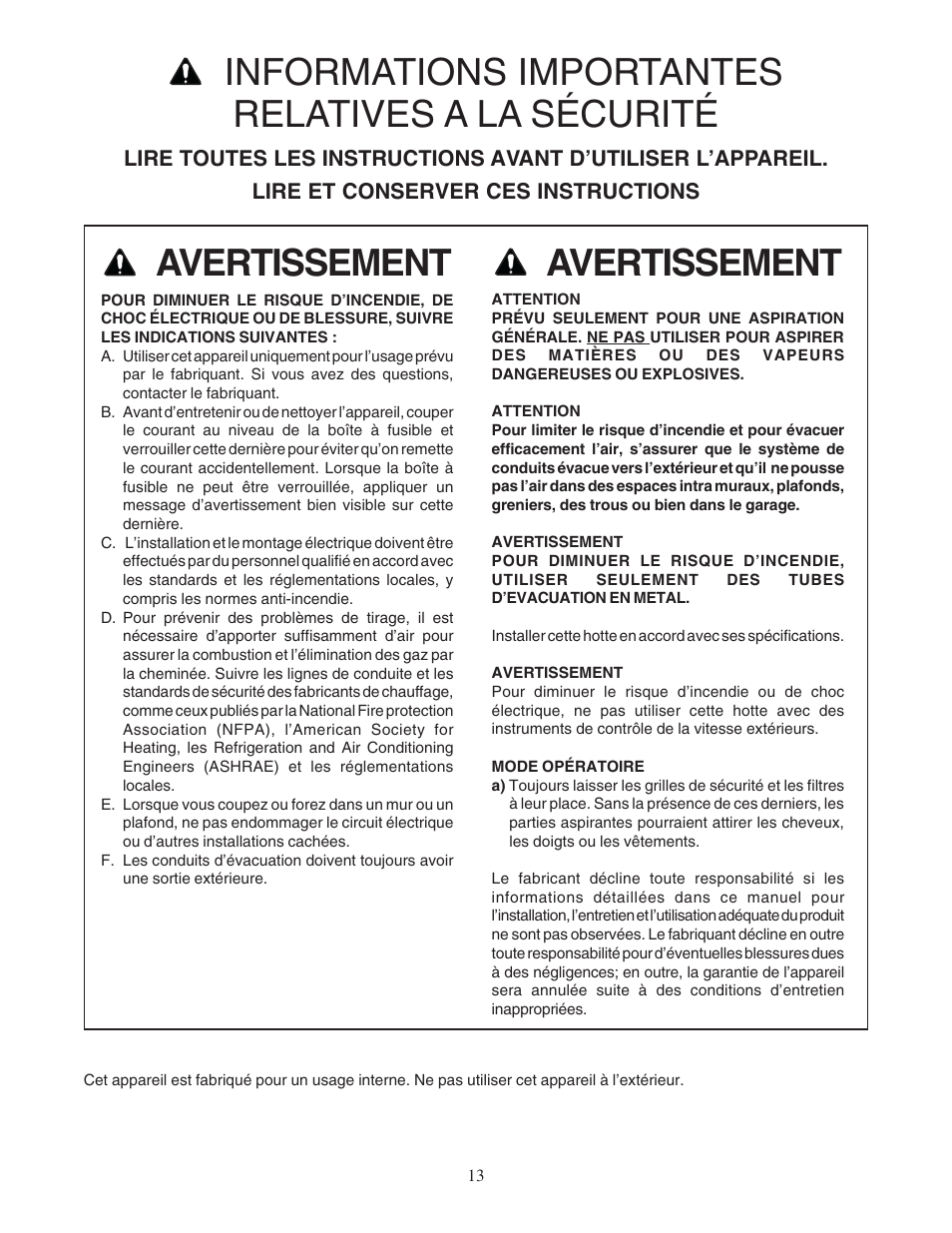 Avertissement, Informations importantes relatives a la sécurité | Bosch DPH36352UC User Manual | Page 13 / 32