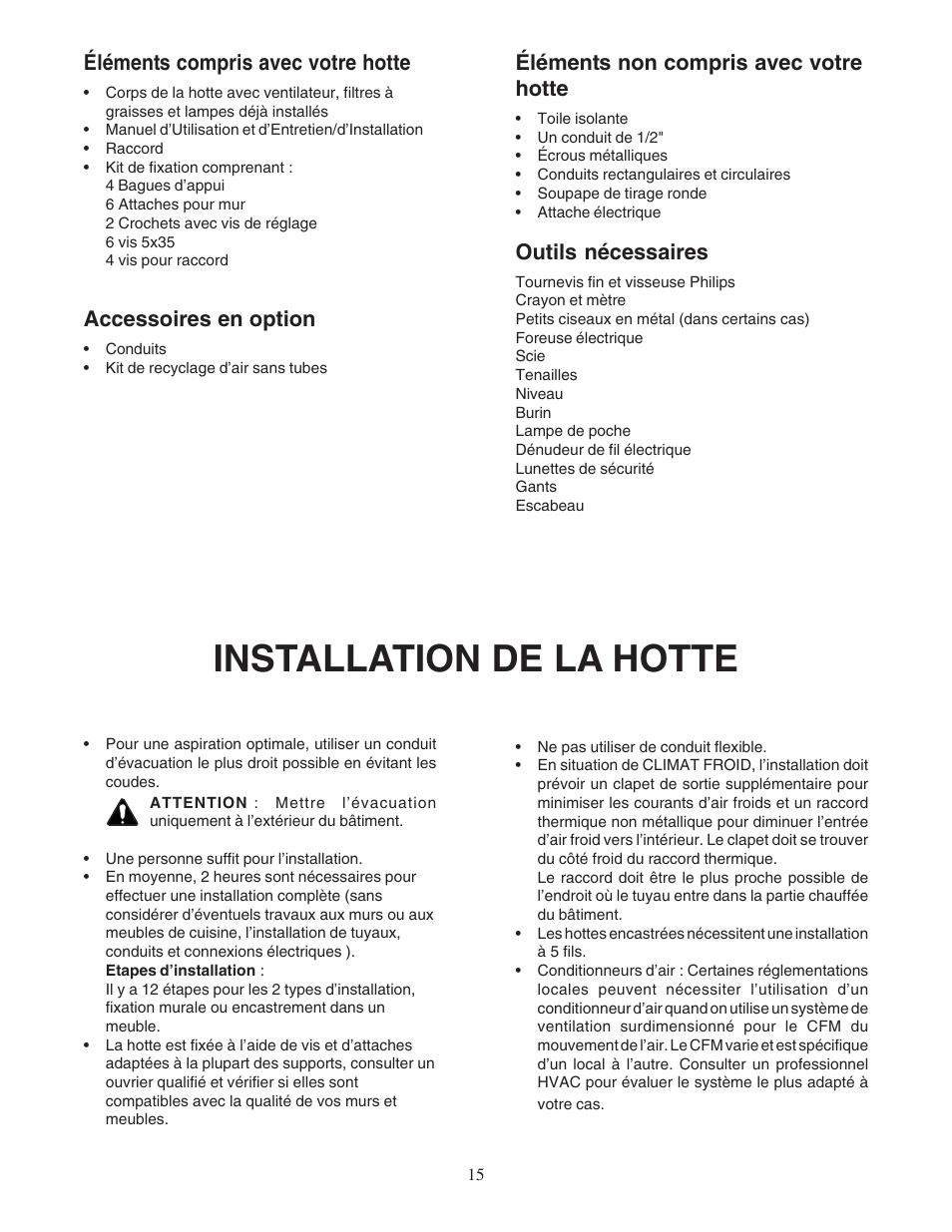 Installation de la hotte, Éléments compris avec votre hotte, Accessoires en option | Éléments non compris avec votre hotte, Outils nécessaires | Bosch DPH36352UC User Manual | Page 15 / 32