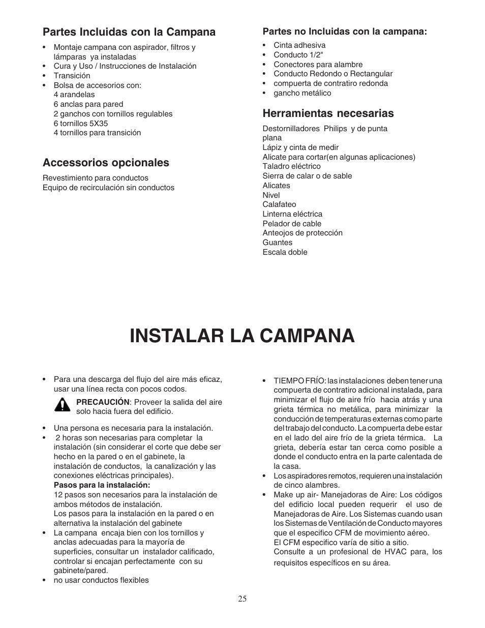 Instalar la campana, Partes incluidas con la campana, Accessorios opcionales | Herramientas necesarias | Bosch DPH36352UC User Manual | Page 25 / 32