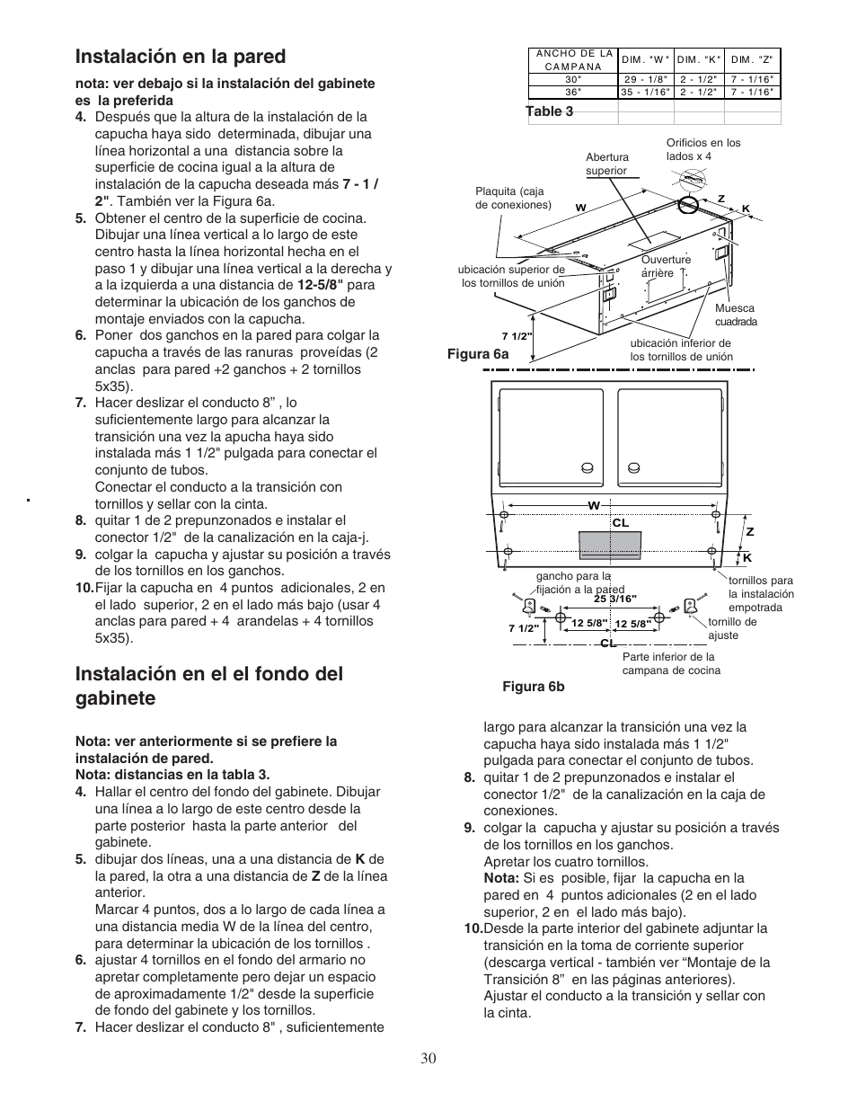 Instalación en la pared, Instalación en el el fondo del gabinete | Bosch DPH36352UC User Manual | Page 30 / 32
