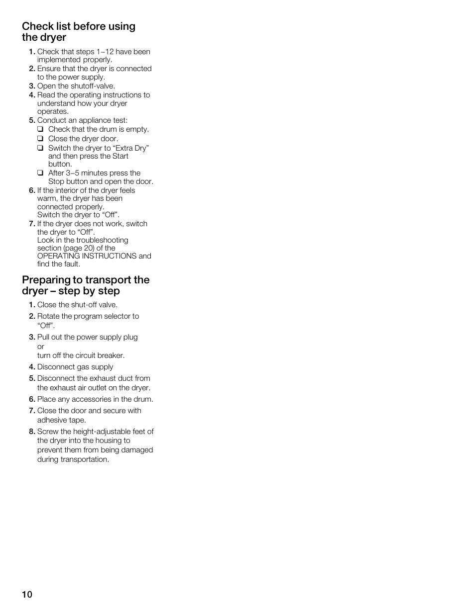 Check list before using the dryer, Preparing to transport the dryer ć step by step | Bosch WTMC352SUC User Manual | Page 10 / 68