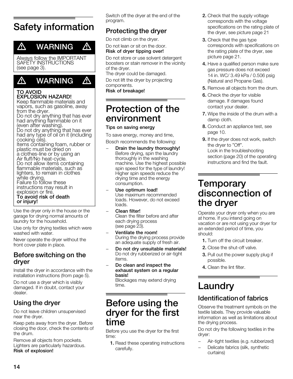 Safety information d, Protection of the environment, Before using the dryer for the first time | Temporary disconnection of the dryer, Laundry, Warning, Before switching on the dryer, Using the dryer, Protecting the dryer, Identification of fabrics | Bosch WTMC352SUC User Manual | Page 14 / 68