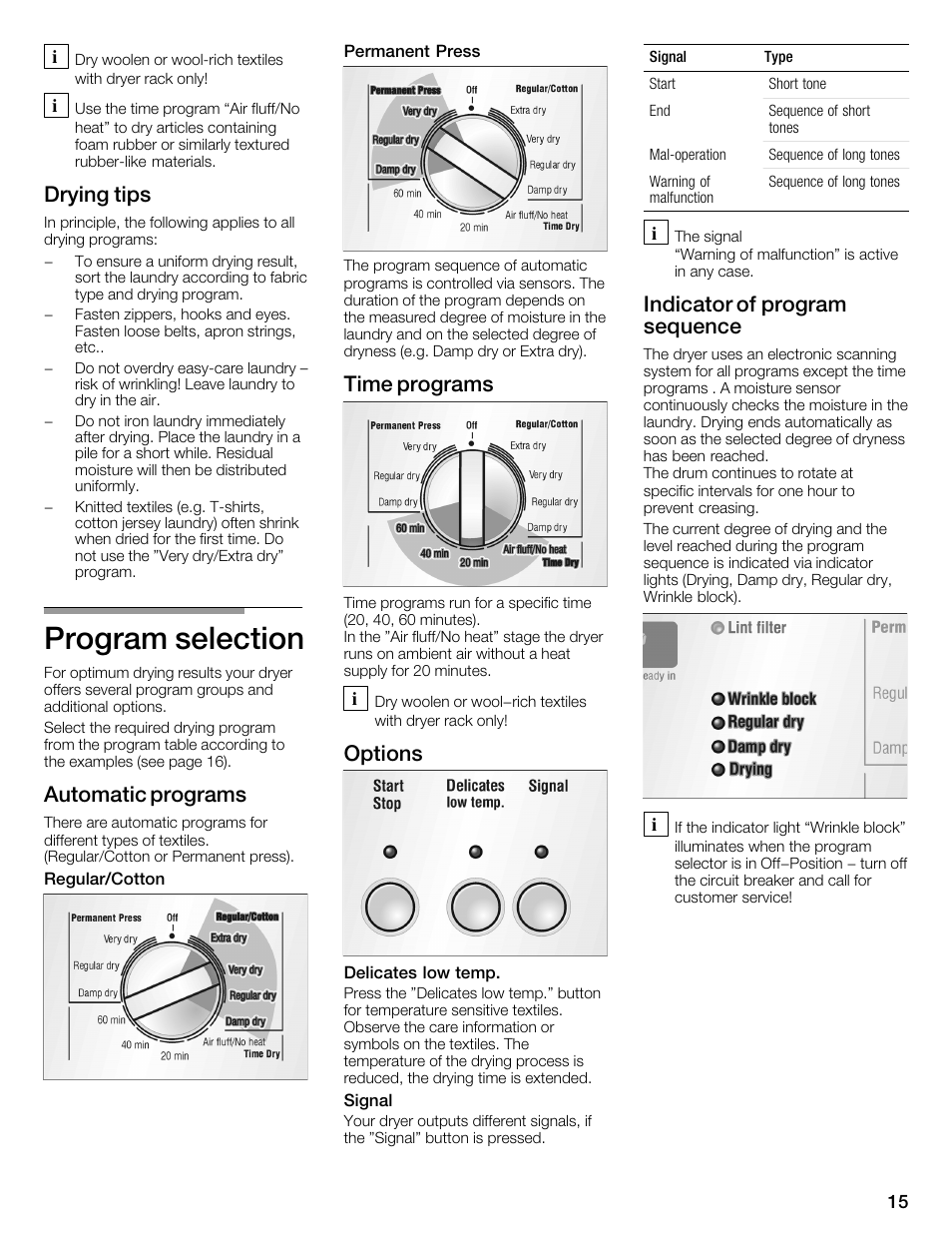 Program selection, Drying tips, Automatic programs | Time programs, Options, Indicator of program sequence | Bosch WTMC352SUC User Manual | Page 15 / 68