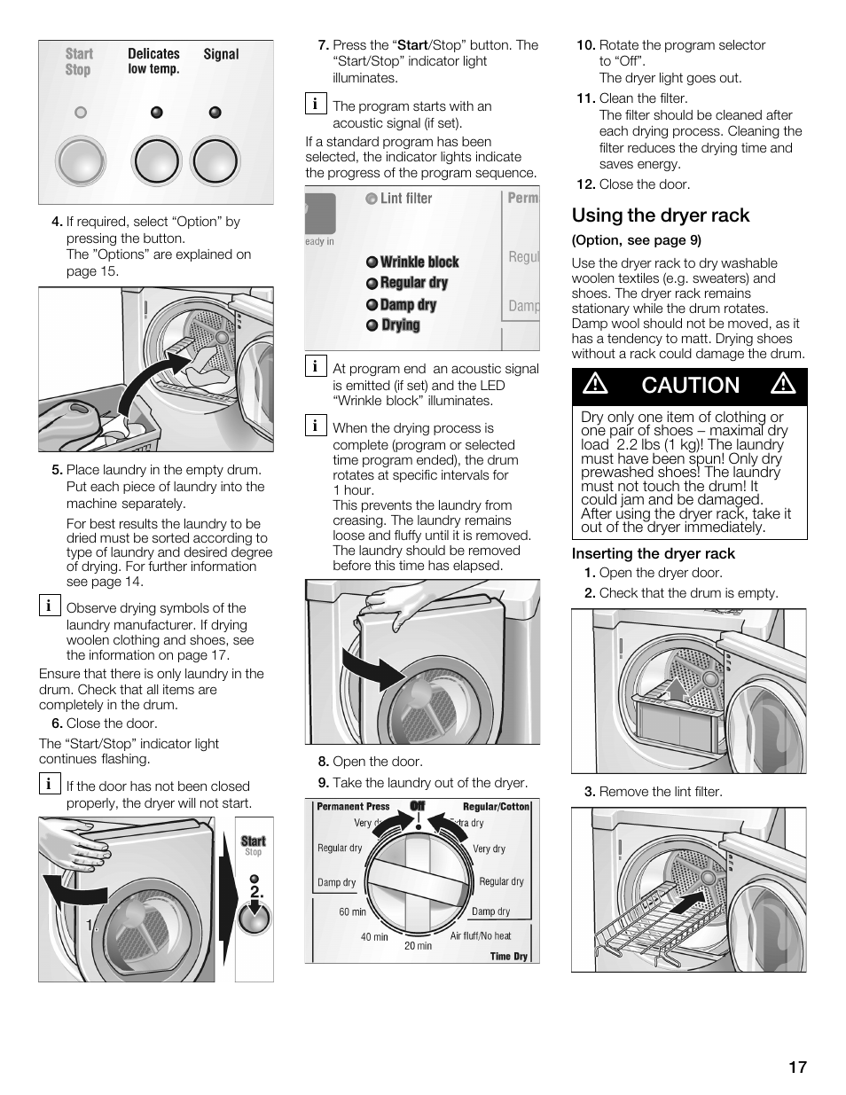 Caution, Using the dryer rack | Bosch WTMC352SUC User Manual | Page 17 / 68